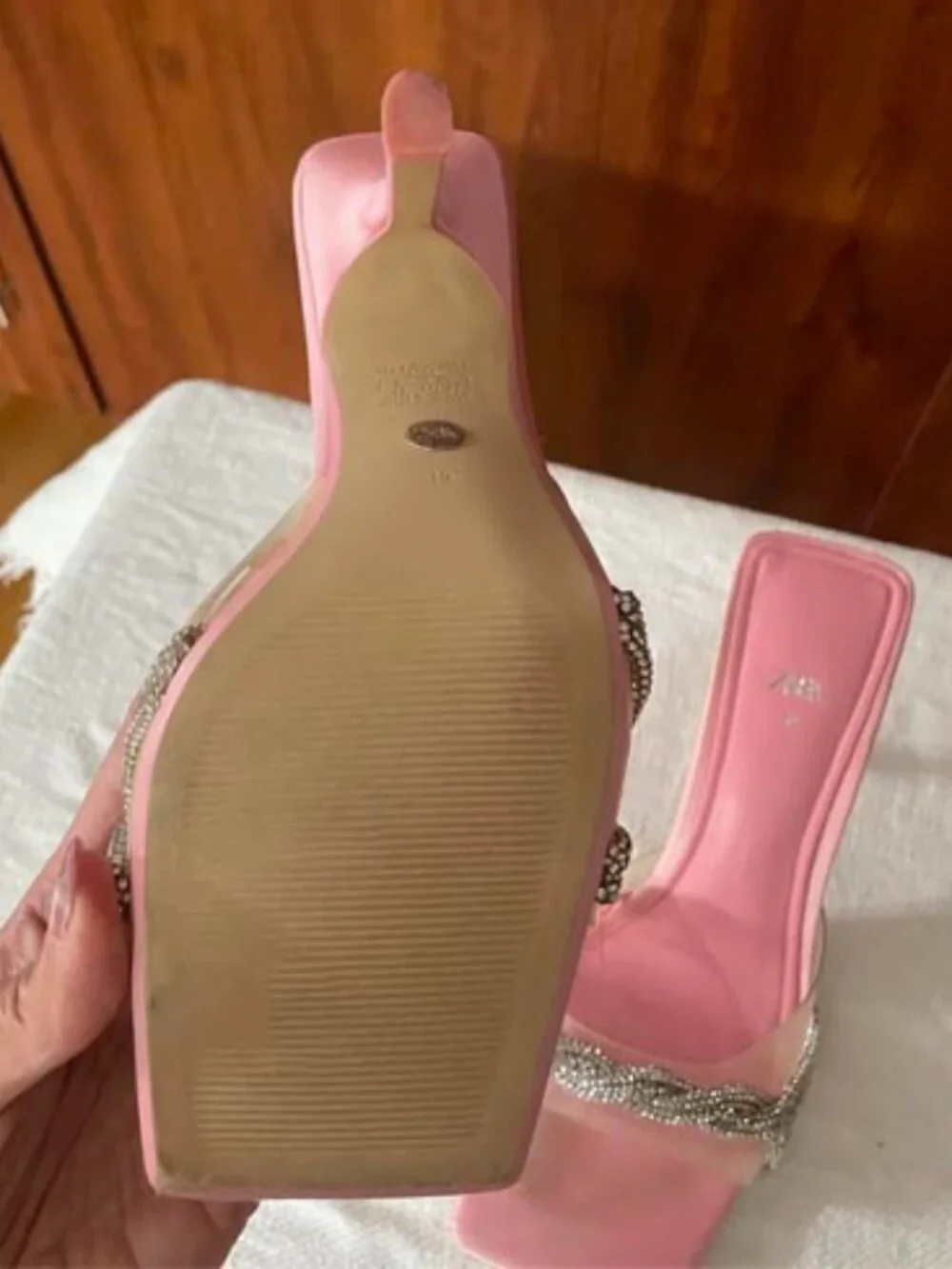 Zara Pink Rhinestone Mule Heels | Square Toe Slip-On Stiletto Sandals - Picture 7 of 8